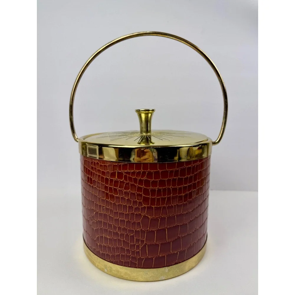 Vintage MCM Ice Bucket Faux Alligator Gold Sunburst Lid with Brass Tongs Japan